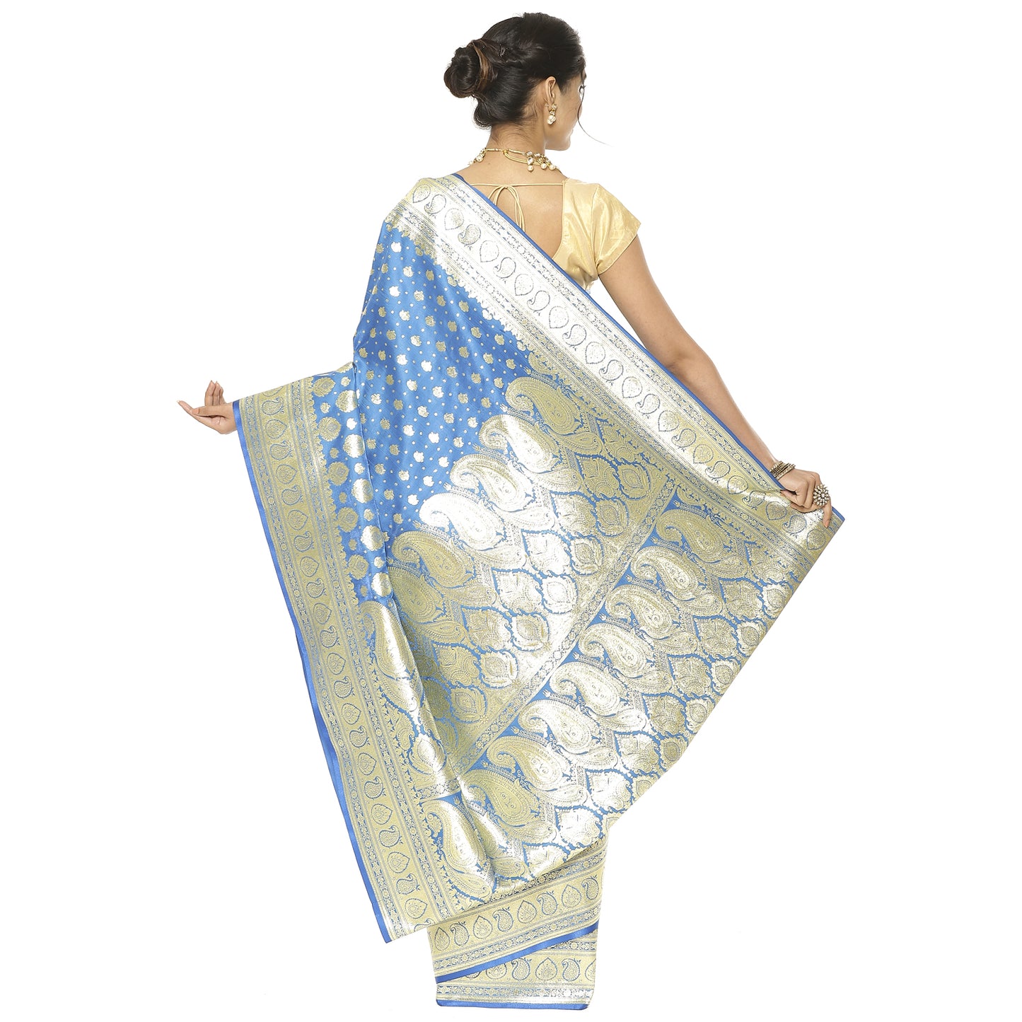 Faishana Turquoise Blue Satin Silk Half Half Patli Zari Jaal Saree With Turqouise Blue Blouse Piece