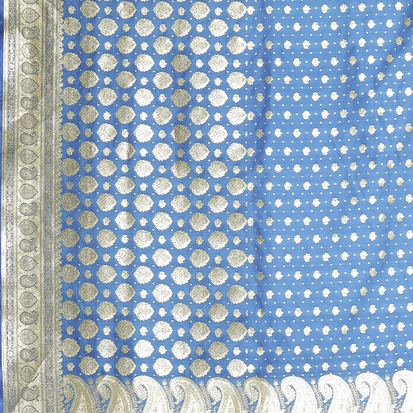 Faishana Turquoise Blue Satin Silk Half Half Patli Zari Jaal Saree With Turqouise Blue Blouse Piece