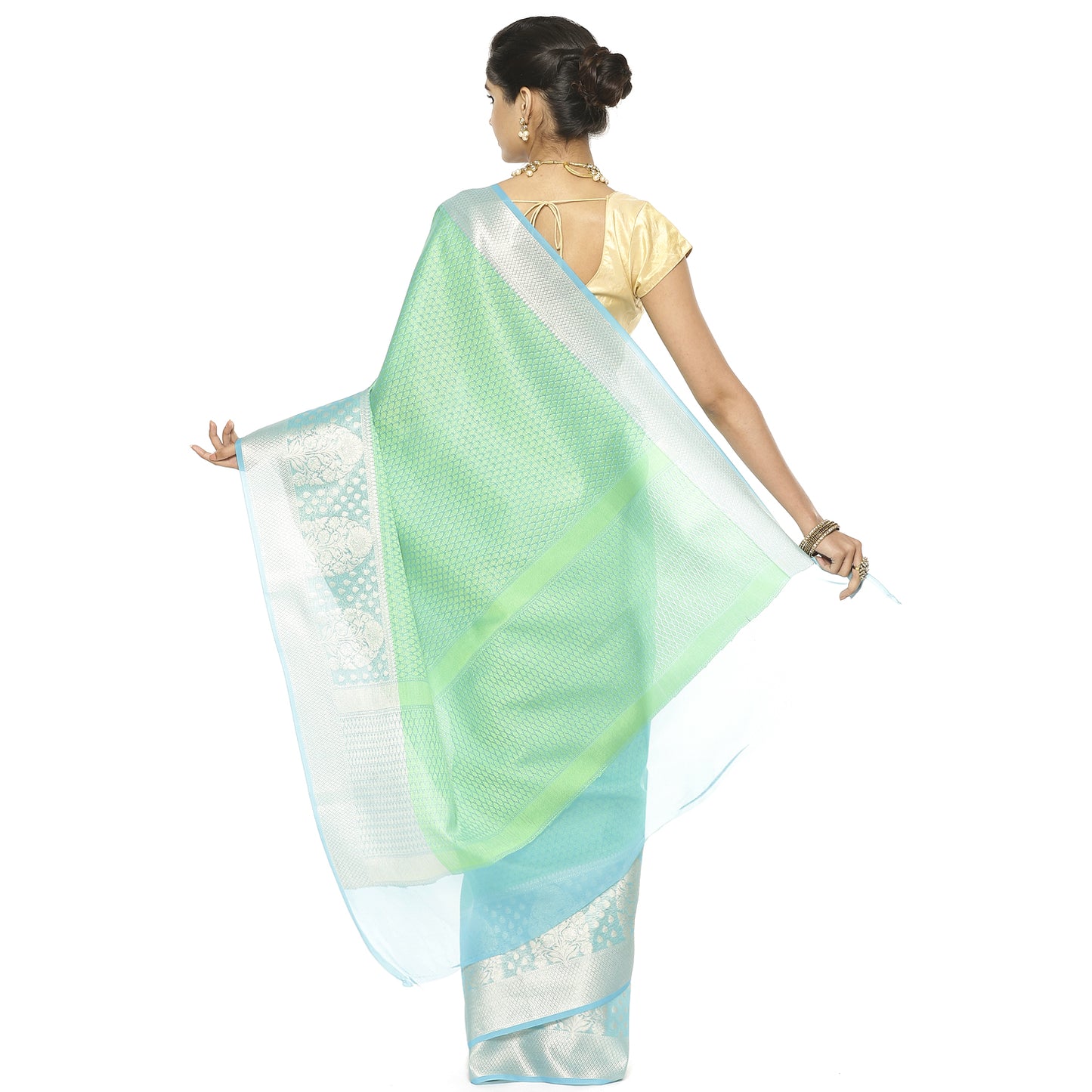 Faishana Green Resham Brocade Saree With Contrast Turquoise Blue Zari Pattu Border