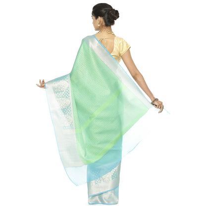Faishana Green Resham Brocade Saree With Contrast Turquoise Blue Zari Pattu Border