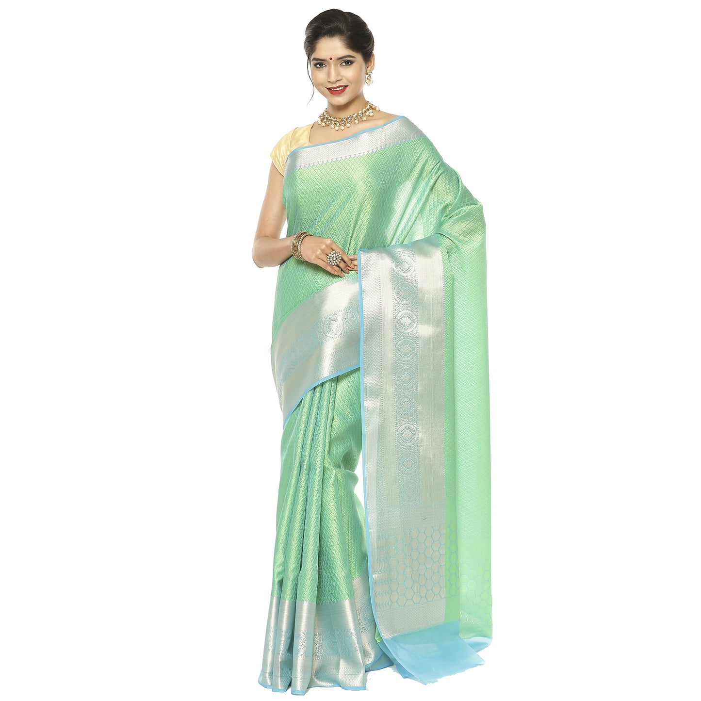 Faishana Green Resham Brocade Saree With Contrast Turquoise Blue Floral Zari Pattu Border