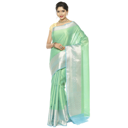 Faishana Green Resham Brocade Saree With Contrast Turquoise Blue Floral Zari Pattu Border