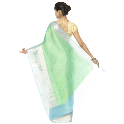 Faishana Green Resham Brocade Saree With Contrast Turquoise Blue Floral Zari Pattu Border