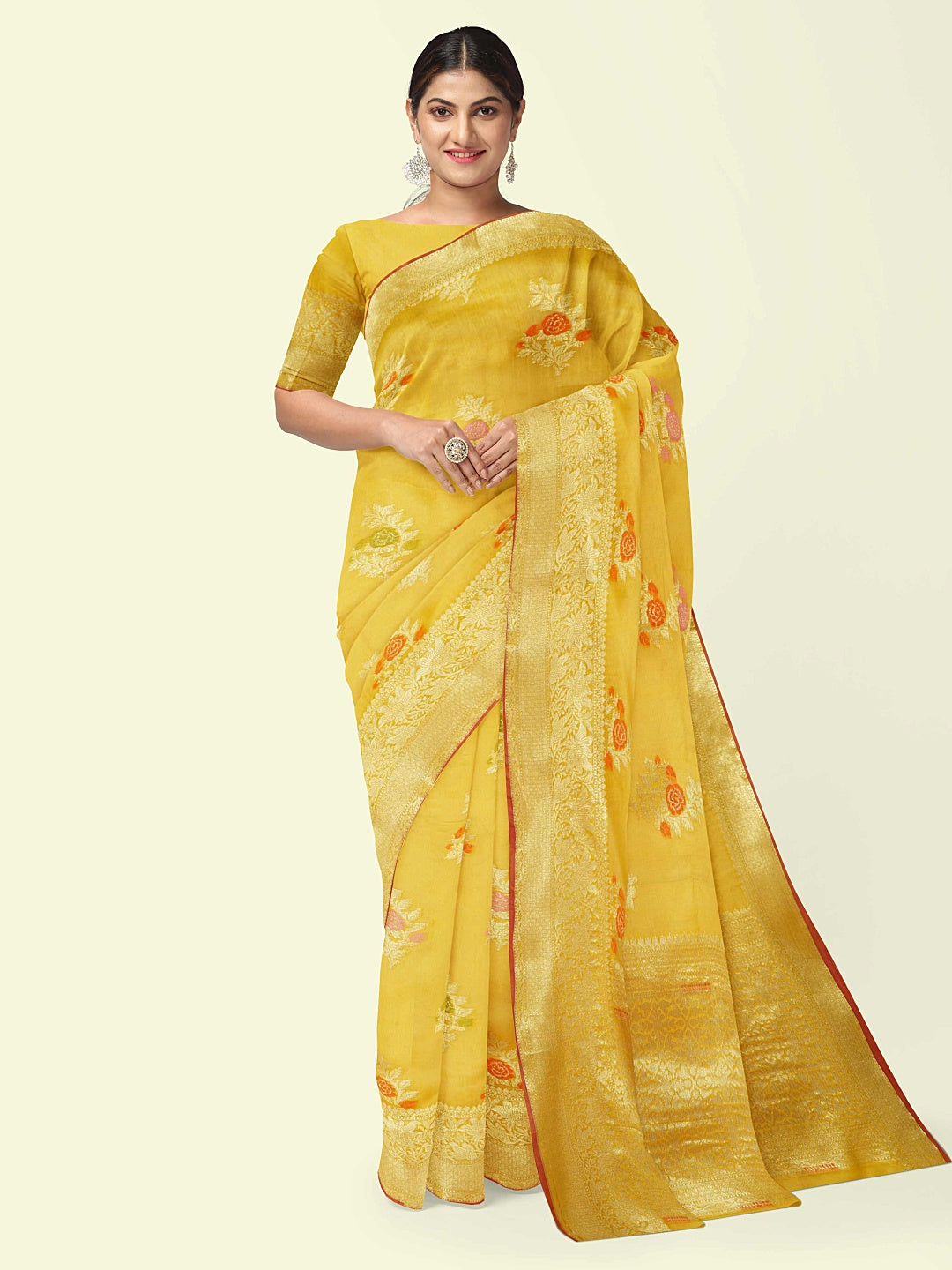 Faishana Presents Gold Masrise Cotton Rose Booti With Gold Blouse Banarasi Saree