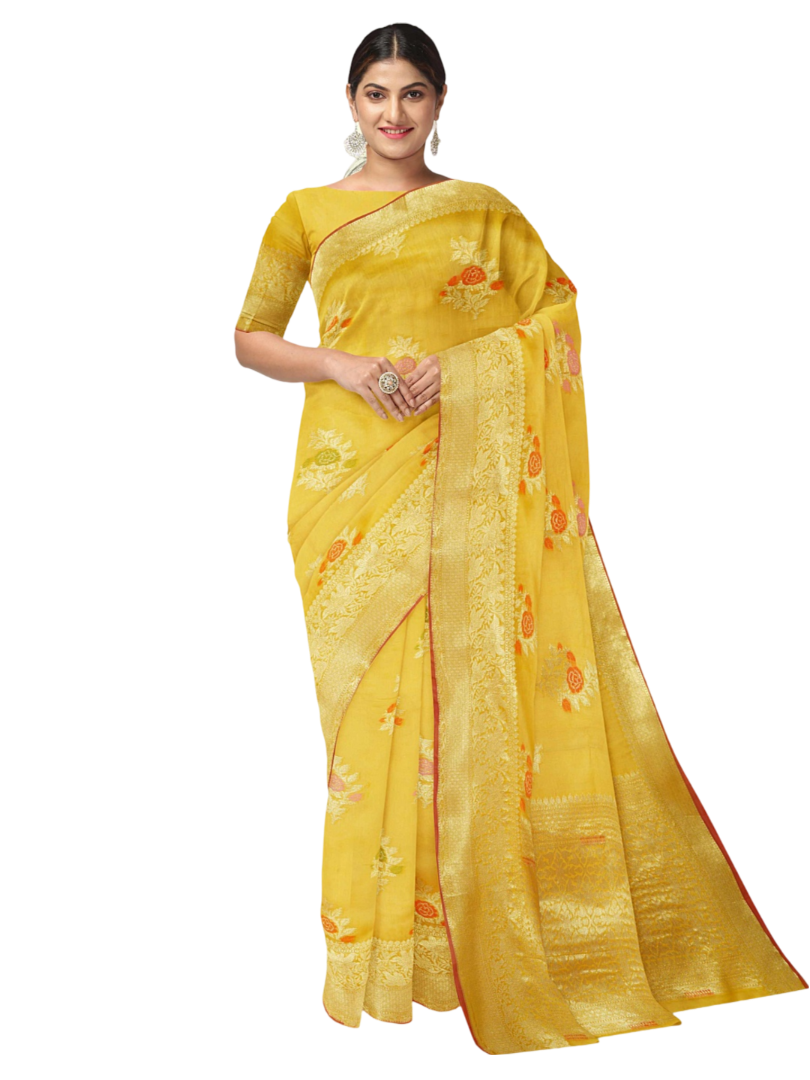 Faishana Presents Gold Masrise Cotton Rose Booti With Gold Blouse Banarasi Saree