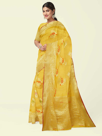 Faishana Presents Gold Masrise Cotton Rose Booti With Gold Blouse Banarasi Saree