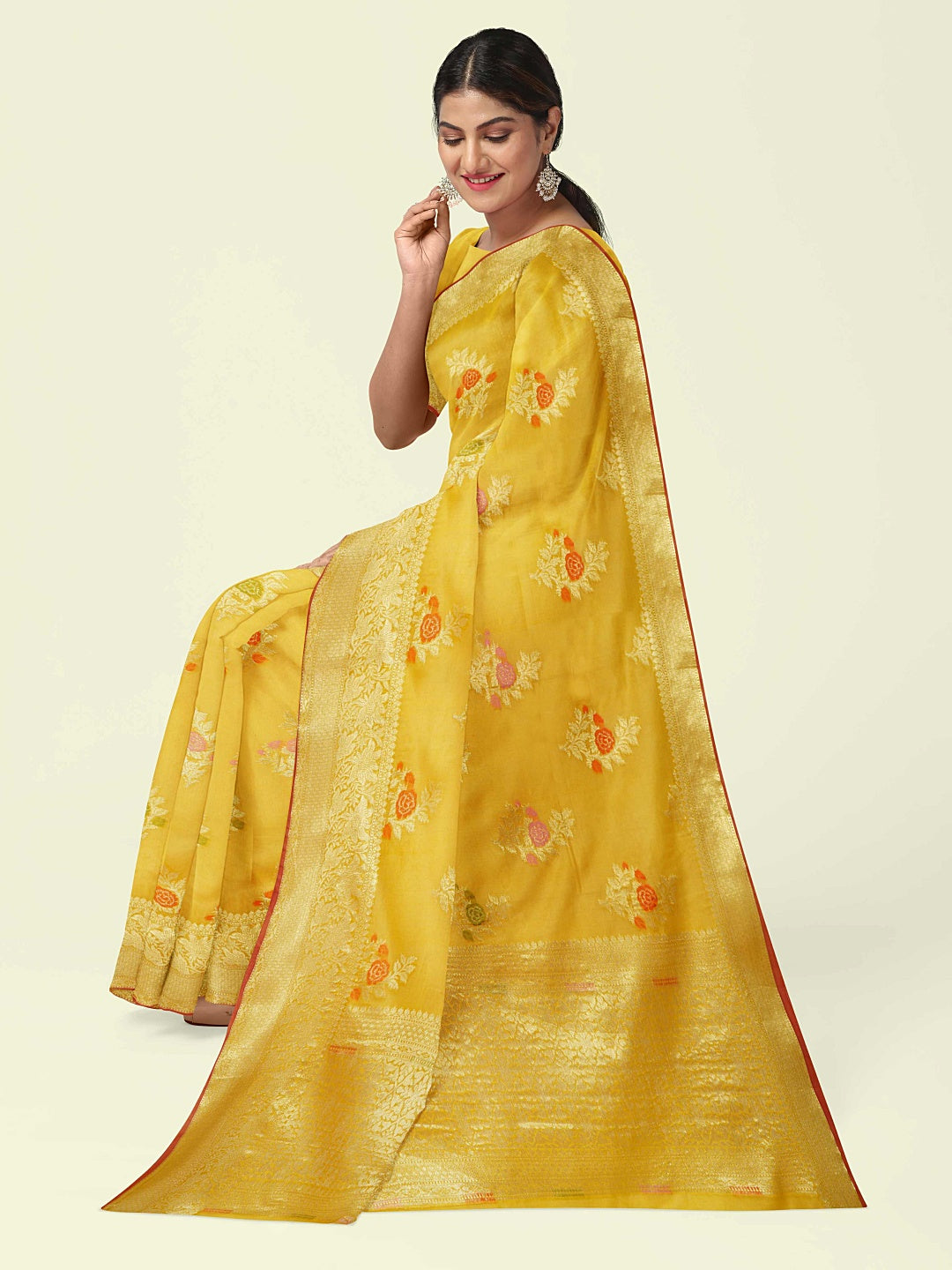 Faishana Presents Gold Masrise Cotton Rose Booti With Gold Blouse Banarasi Saree