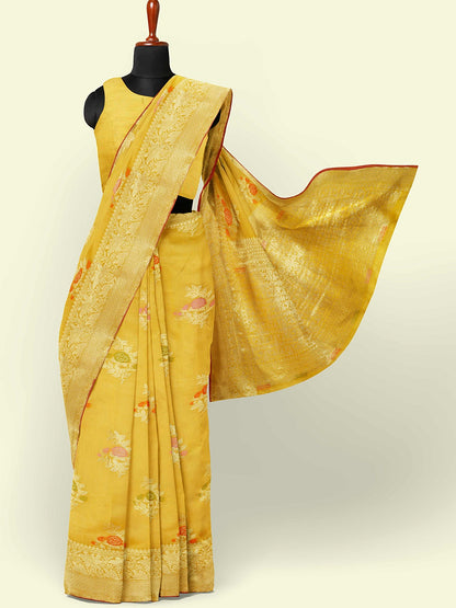 Faishana Presents Gold Masrise Cotton Rose Booti With Gold Blouse Banarasi Saree