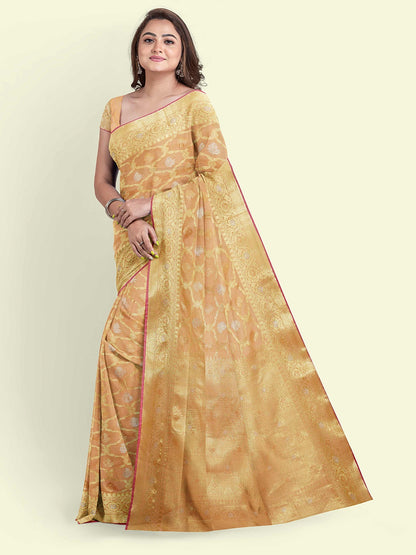 Faishana Presents Beige Masrise Cotton Jari Jaal With Beige Blouse Banarasi Saree