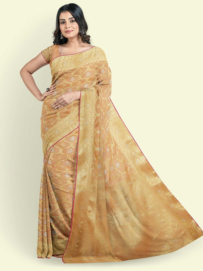 Faishana Presents Beige Masrise Cotton Jari Jaal With Beige Blouse Banarasi Saree