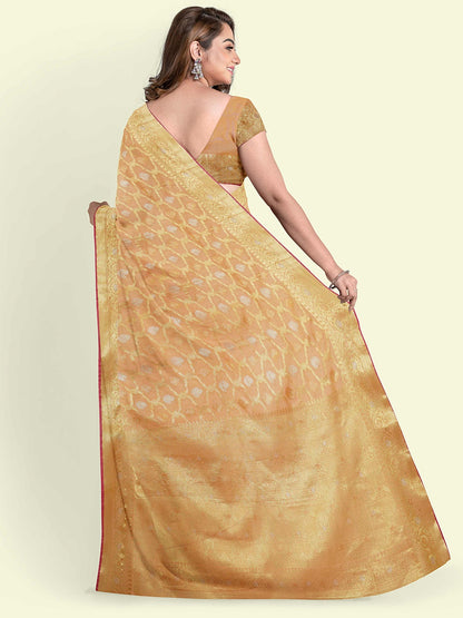 Faishana Presents Beige Masrise Cotton Jari Jaal With Beige Blouse Banarasi Saree
