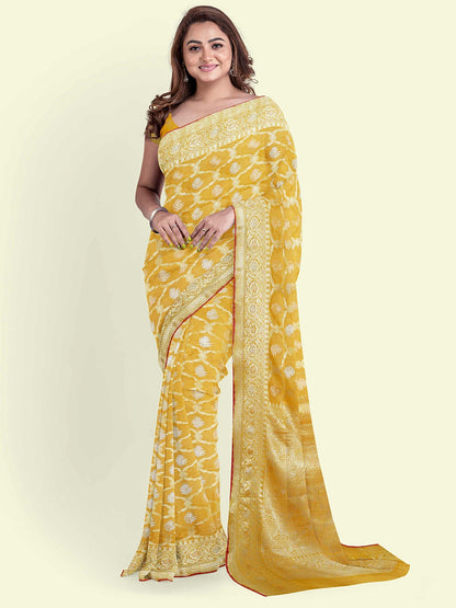 Faishana Presents Mustard Masrise Cotton Jari Jaal With Mustard Blouse Banarasi Saree