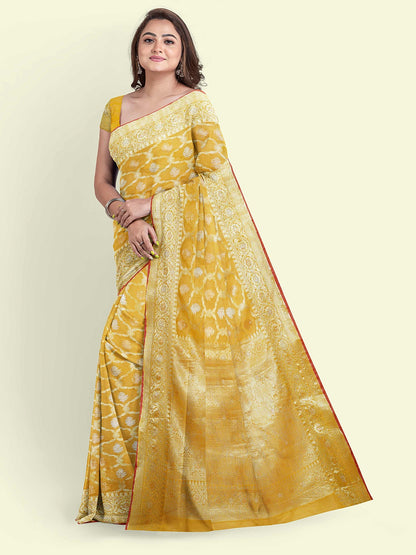 Faishana Presents Mustard Masrise Cotton Jari Jaal With Mustard Blouse Banarasi Saree
