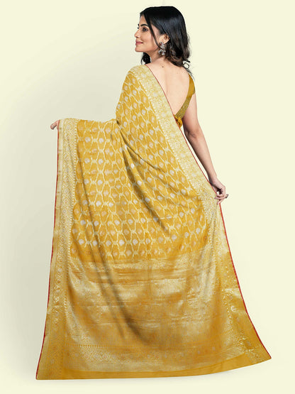 Faishana Presents Mustard Masrise Cotton Jari Jaal With Mustard Blouse Banarasi Saree