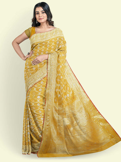 Faishana Presents Mustard Masrise Cotton Jari Jaal With Mustard Blouse Banarasi Saree