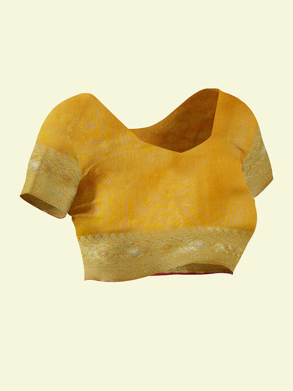 Faishana Presents Mustard Masrise Cotton Jari Jaal With Mustard Blouse Banarasi Saree
