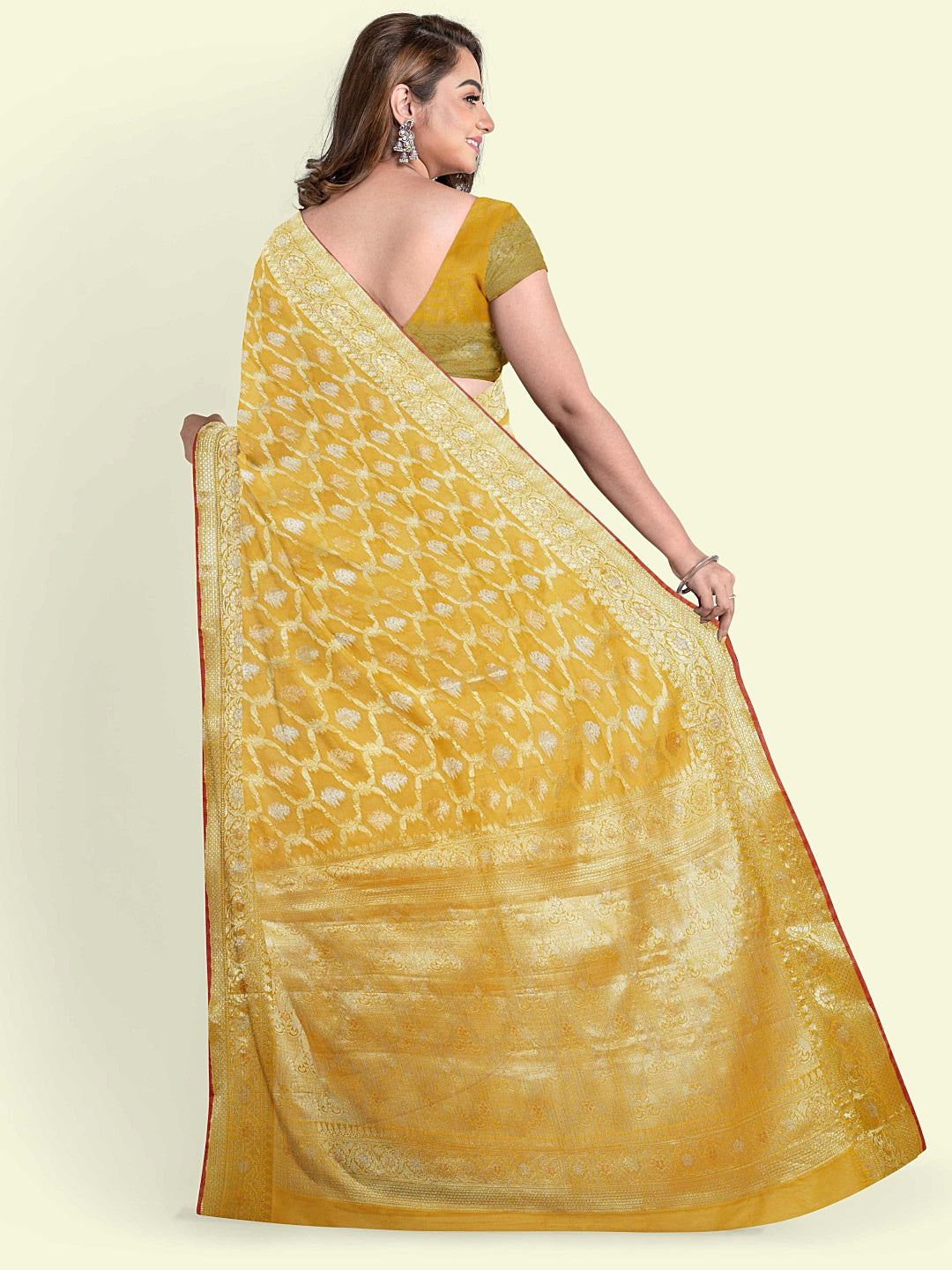 Faishana Presents Mustard Masrise Cotton Jari Jaal With Mustard Blouse Banarasi Saree