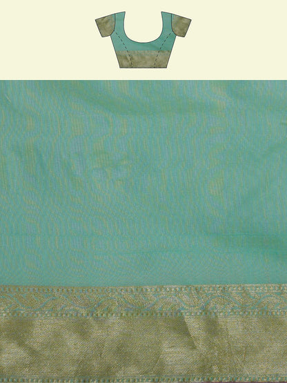 Faishana Presents Sea Green Masrise Cotton Flower Booti With Sea Green Blouse Banarasi Saree