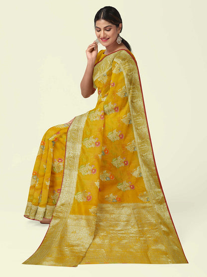 Faishana Presents Gold Masrise Cotton Tilfi Booti With Gold Blouse Banarasi Saree