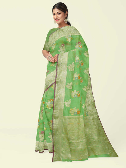 Faishana Presents Green Masrise Cotton Tilfi Booti With Green Blouse Banarasi Saree