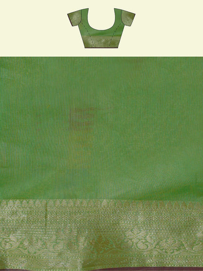 Faishana Presents Green Masrise Cotton Tilfi Booti With Green Blouse Banarasi Saree