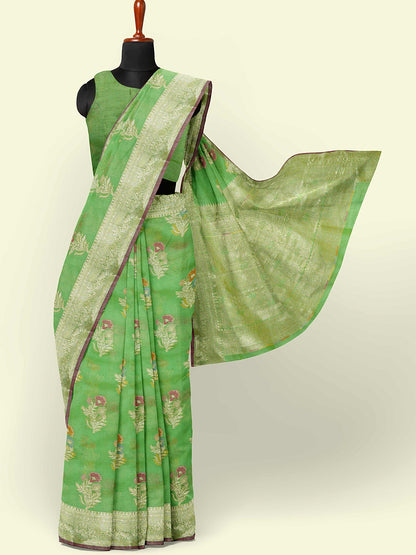 Faishana Presents Green Masrise Cotton Tilfi Booti With Green Blouse Banarasi Saree