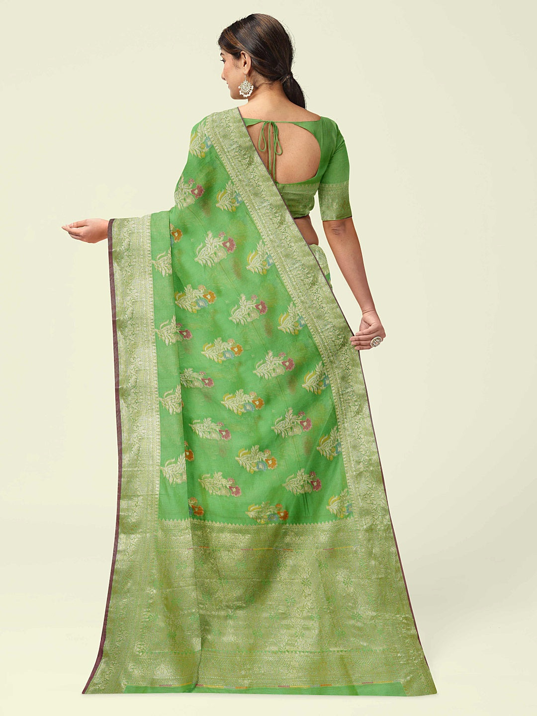 Faishana Presents Green Masrise Cotton Tilfi Booti With Green Blouse Banarasi Saree