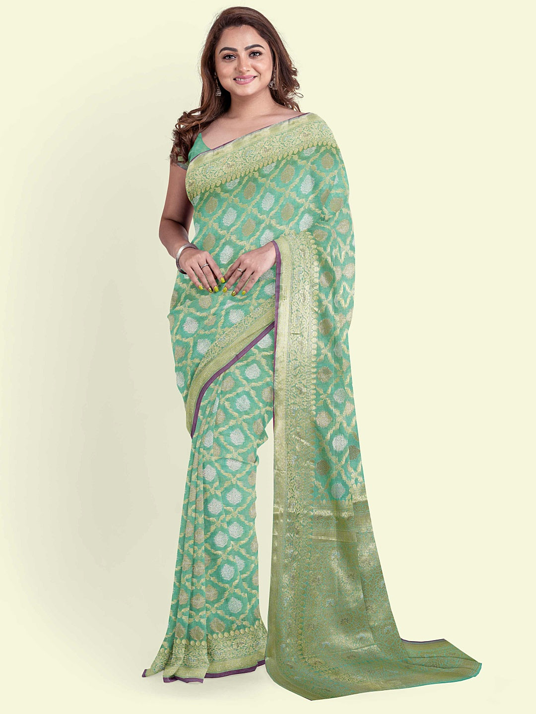 Faishana Presents Sea Green Masrise Cotton Jari Jaal With Sea Green Blouse Banarasi Saree