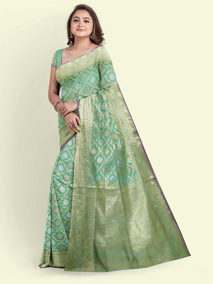 Faishana Presents Sea Green Masrise Cotton Jari Jaal With Sea Green Blouse Banarasi Saree
