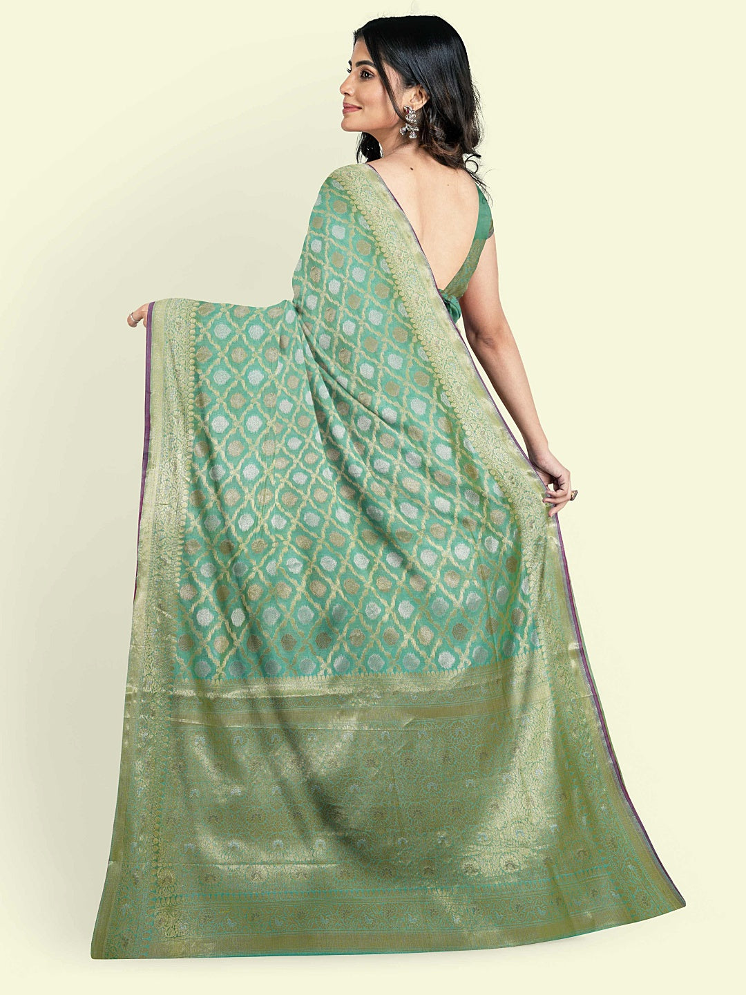 Faishana Presents Sea Green Masrise Cotton Jari Jaal With Sea Green Blouse Banarasi Saree