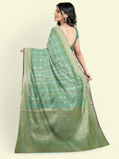 Faishana Presents Sea Green Masrise Cotton Jari Jaal With Sea Green Blouse Banarasi Saree