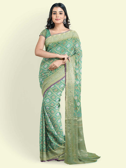 Faishana Presents Sea Green Masrise Cotton Jari Jaal With Sea Green Blouse Banarasi Saree