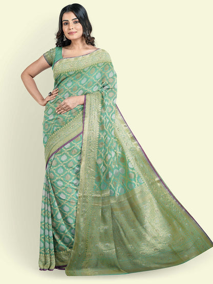 Faishana Presents Sea Green Masrise Cotton Jari Jaal With Sea Green Blouse Banarasi Saree