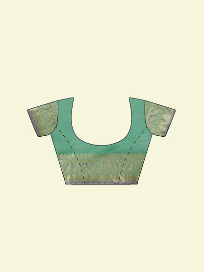 Faishana Presents Sea Green Masrise Cotton Jari Jaal With Sea Green Blouse Banarasi Saree