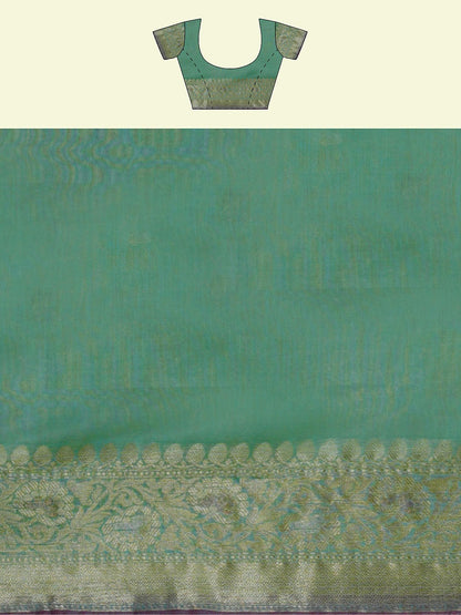 Faishana Presents Sea Green Masrise Cotton Jari Jaal With Sea Green Blouse Banarasi Saree