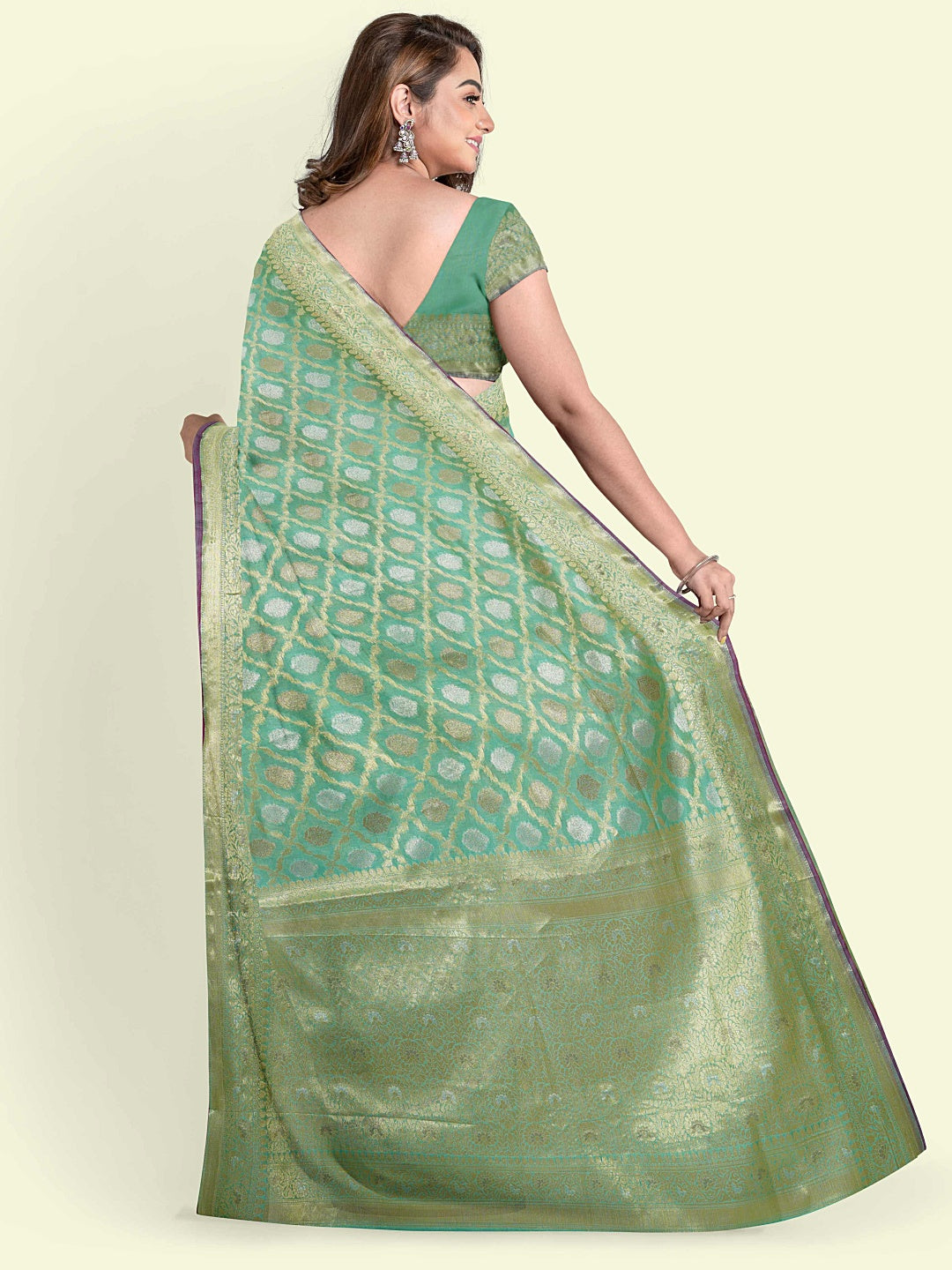 Faishana Presents Sea Green Masrise Cotton Jari Jaal With Sea Green Blouse Banarasi Saree