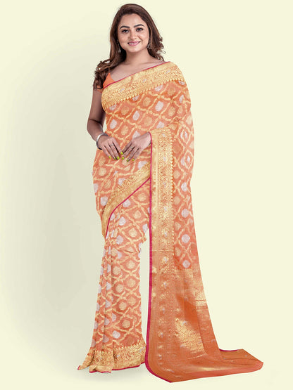 Faishana Presents Peach Masrise Cotton Jari Jaal With Peach Blouse Banarasi Saree