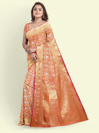 Faishana Presents Peach Masrise Cotton Jari Jaal With Peach Blouse Banarasi Saree