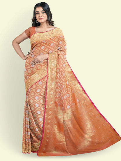 Faishana Presents Peach Masrise Cotton Jari Jaal With Peach Blouse Banarasi Saree