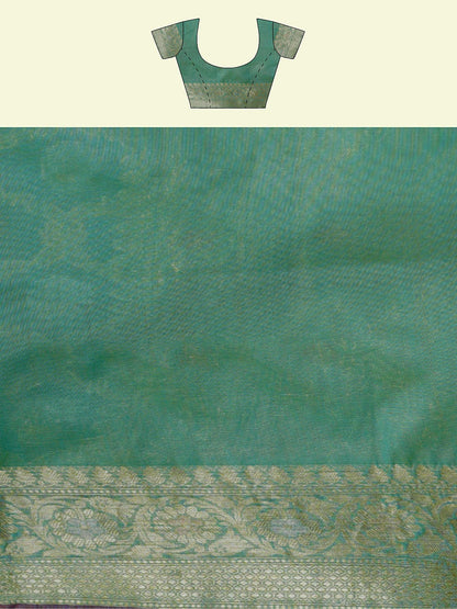 Faishana Presents Sea Green Masrise Cotton Jari Jaal With Sea Green Blouse Banarasi Saree