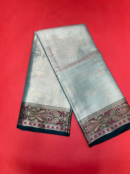 Faishana Presents Sea Green Zari Kanchi Silk Brocade Contrast Silver Gold Jamwar Border Banarasi Saree