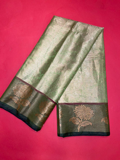 Faishana Presents Light Green Zari Kanchi Silk Brocade Contrast Zari Pattu Border Banarasi Saree