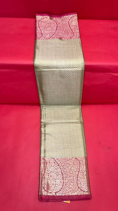 Faishana Presents Green Zari Kanchi Silk Brocade Contrast Pink Zari Pattu Border Banarasi Saree