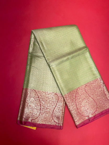 Faishana Presents Light Green Kanchi Silk Zari Brocade Contrast Meena Pink Pattu Border Banarasi Saree