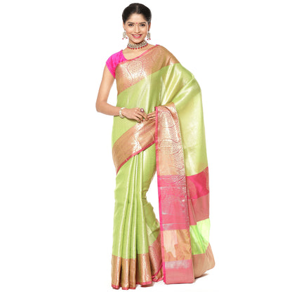 Lime Green Kanchi Silk Banarasi Sarees For Women GEBE13