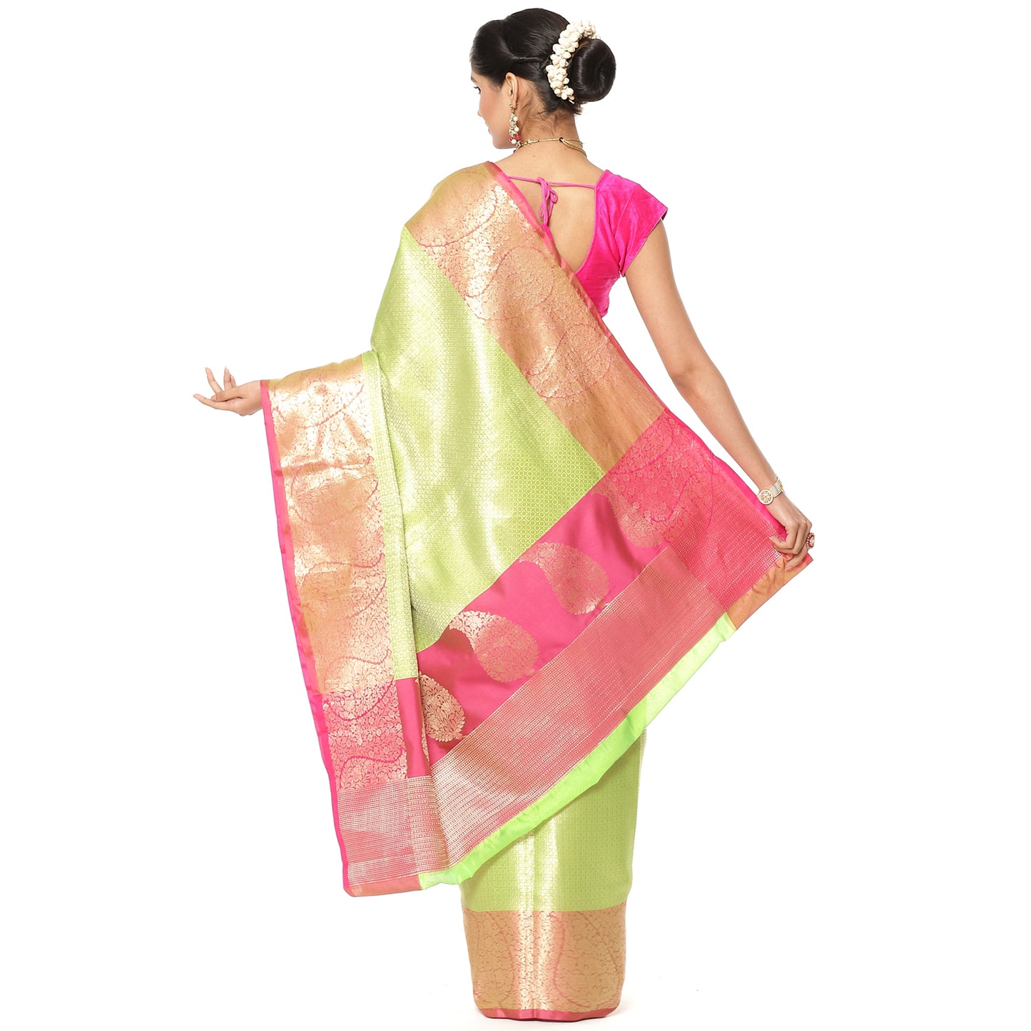 Lime Green Kanchi Silk Banarasi Sarees For Women GEBE13