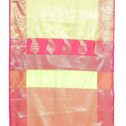 Faishana Presents Light Green Kanchi Silk Zari Brocade Contrast Meena Pink Pattu Border Banarasi Saree