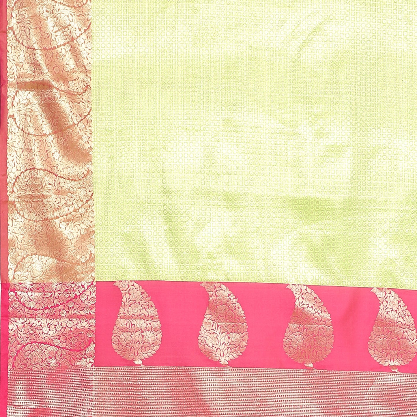 Faishana Presents Light Green Kanchi Silk Zari Brocade Contrast Meena Pink Pattu Border Banarasi Saree