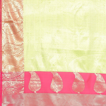 Faishana Presents Light Green Kanchi Silk Zari Brocade Contrast Meena Pink Pattu Border Banarasi Saree