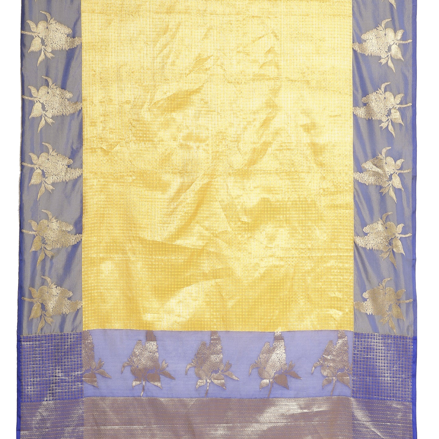 Faishana Presents Gold Zari Kanchi Silk Brocade Contrast Blue Zari Pattu Border Banarasi Saree
